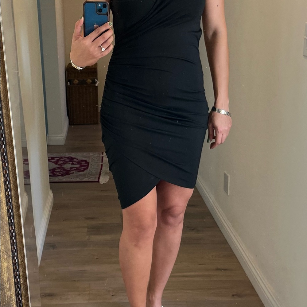 Gray Asymmetrical Ruched Mini Dress V-Neck